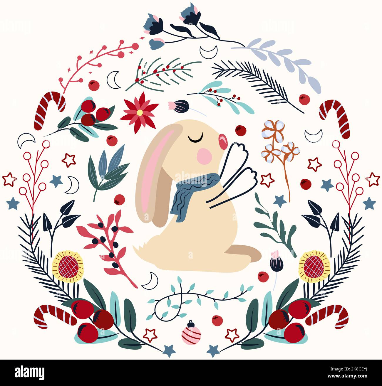 Composition d'hiver, lapin drôle dans un foulard dans la couronne de Noël, et guirlande, fleur, bonbons, branche de pin autour. Concept Noël et nouvel an. Animaux magiques. Vecteur. Illustration de Vecteur