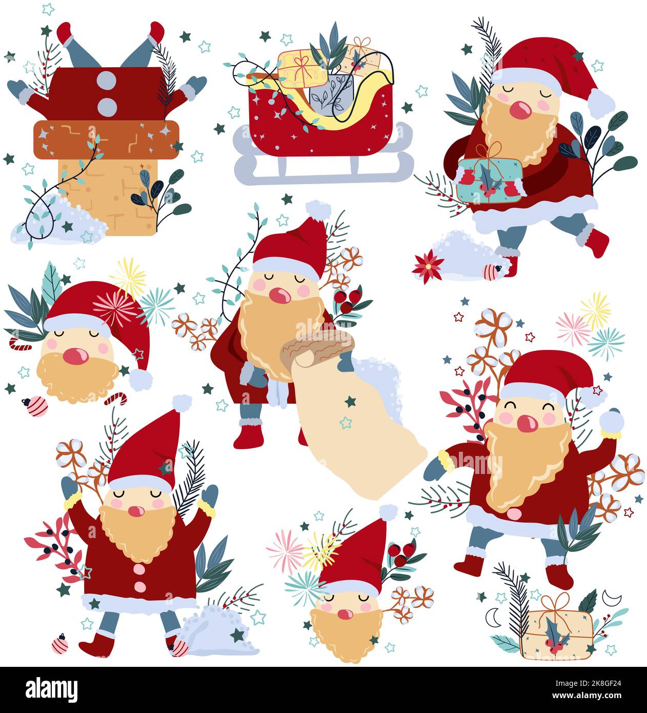 Collection du Père Noël avec cadeau d'hiver, fleurs, feuilles colorées, traîneau de Noël, neige. Concept Noël et nouvel an. Idéal pour les cartes de vœux, les affiches, les cartes postales et les bannières Illustration de Vecteur