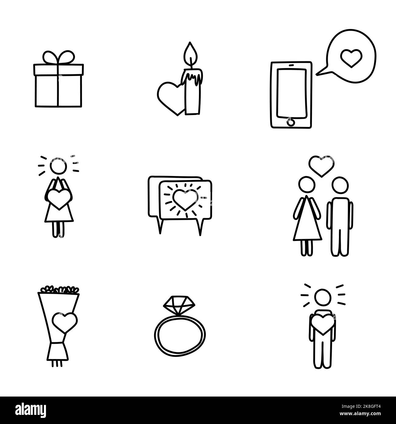 icônes dessinées à la main sur l'amour, le coeur, les messages Illustration de Vecteur