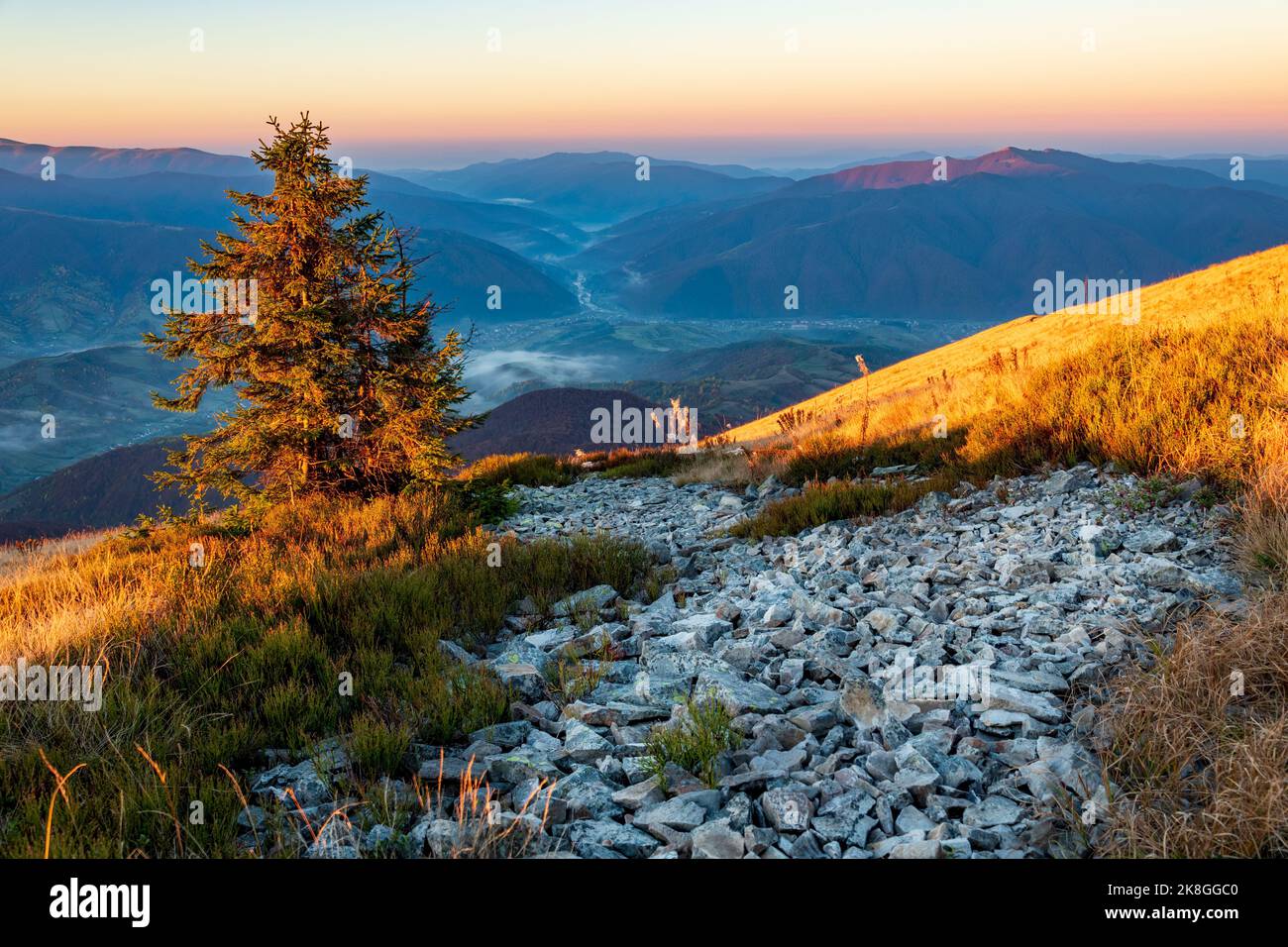 Paysage de montagne pittoresque. Rivière en pierre avec vallée de brouillard. Une vue incroyable sur la montagne le matin. Banque D'Images