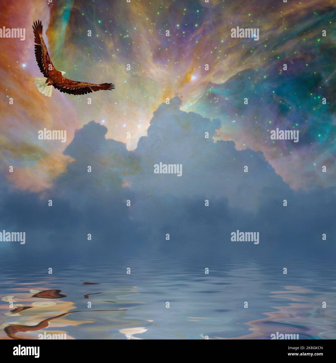 Aigle en vol au-dessus de l'eau avec ciel étoilé. 3D rendu Banque D'Images