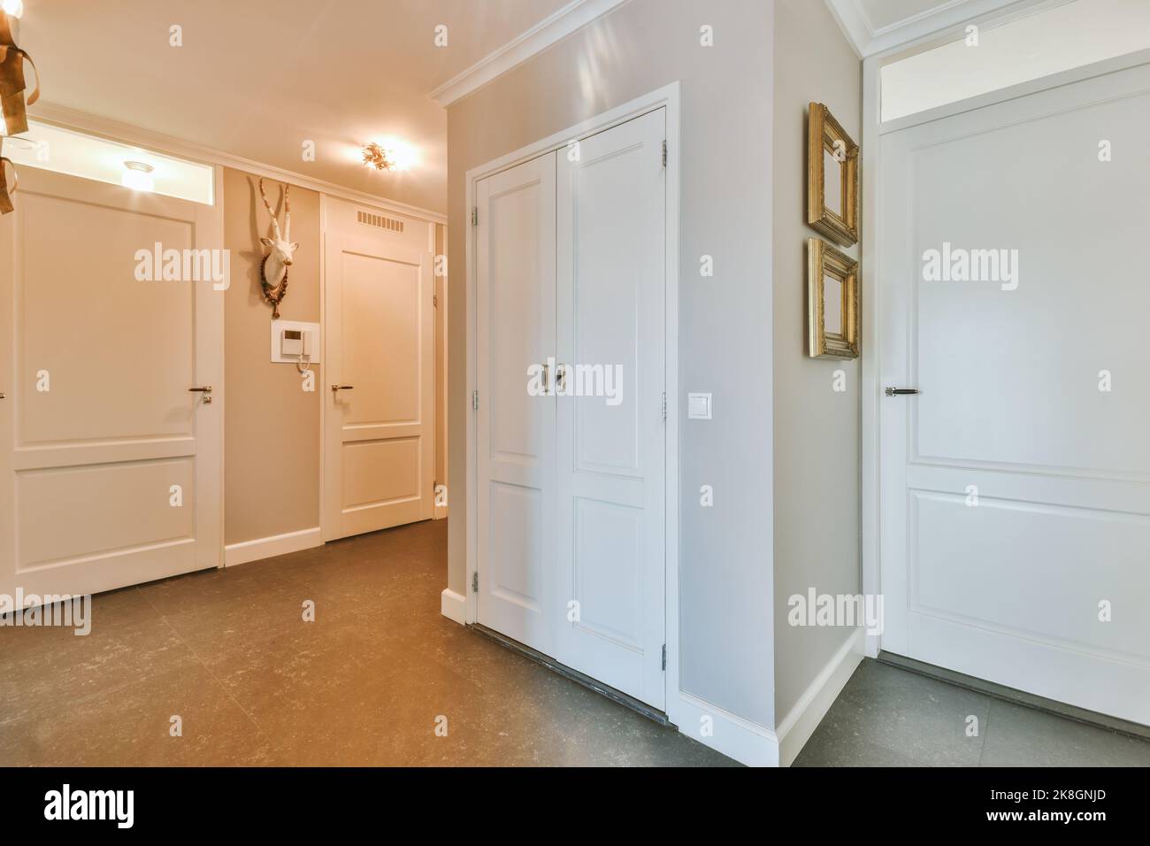 Hall de l'appartement contemporain avec portes fermées blanches Banque D'Images