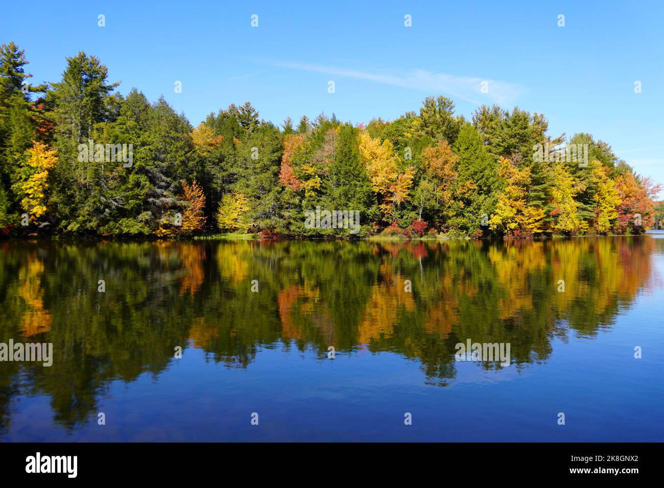 Couleurs d'automne dans le Massachusetts se reflétant dans l'eau d'un lac Banque D'Images