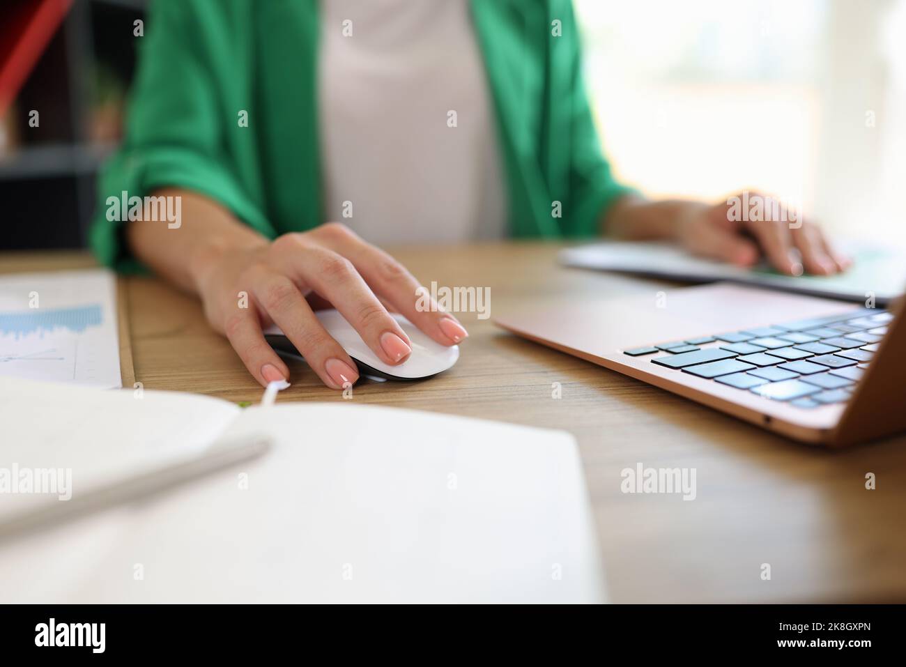 Femme travaillant sur un ordinateur portable moderne au bureau Banque D'Images
