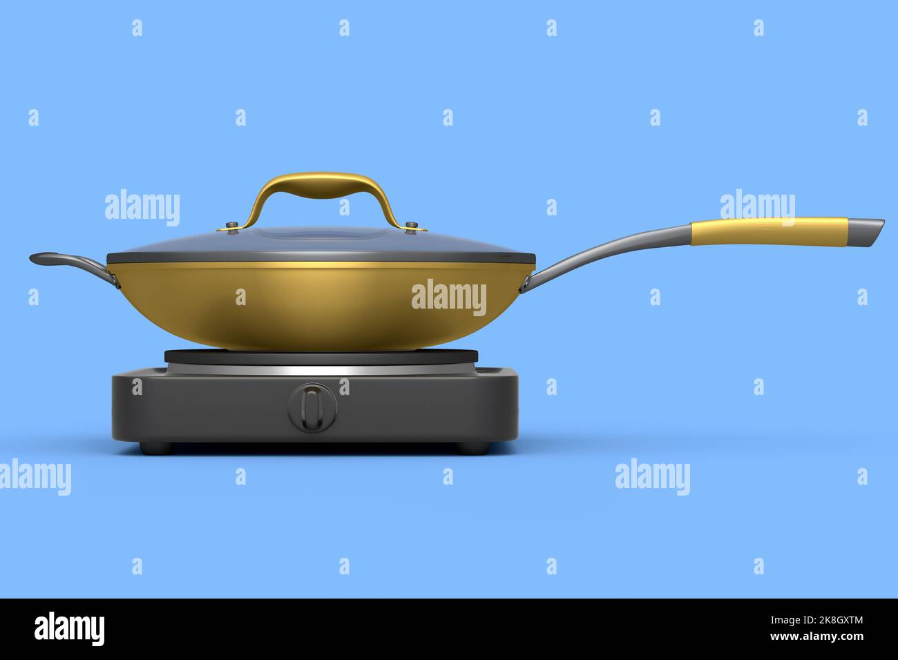 Poêle à frire ou wok avec couvercle en verre sur cuisinière électrique de camping portable Banque D'Images
