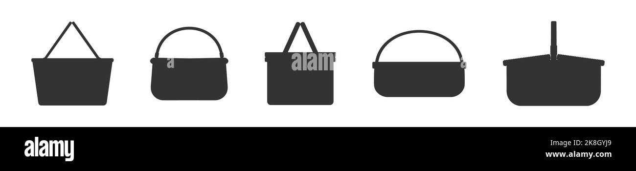 Silhouettes de paniers de pique-nique en osier vides. Ensemble de différents paniers de saule tissés à la main et de hampers isolés sur fond blanc. Illustration graphique vectorielle Illustration de Vecteur