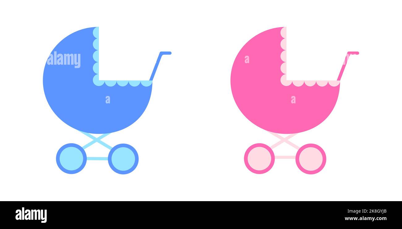 Voitures bleues et roses pour petit garçon ou fille. Poussettes de bébé isolées sur fond blanc. Illustration vectorielle plate. Illustration de Vecteur