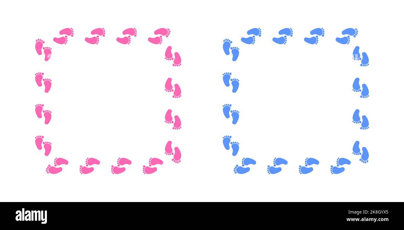 Cadres carrés avec empreintes pour garçons et filles. Modèle d'invitation, carte de vœux, photo pour la douche de bébé, le sexe révèle, la grossesse ou la fête de bébé de nouveau-né d'accueil. Illustration vectorielle plate Illustration de Vecteur