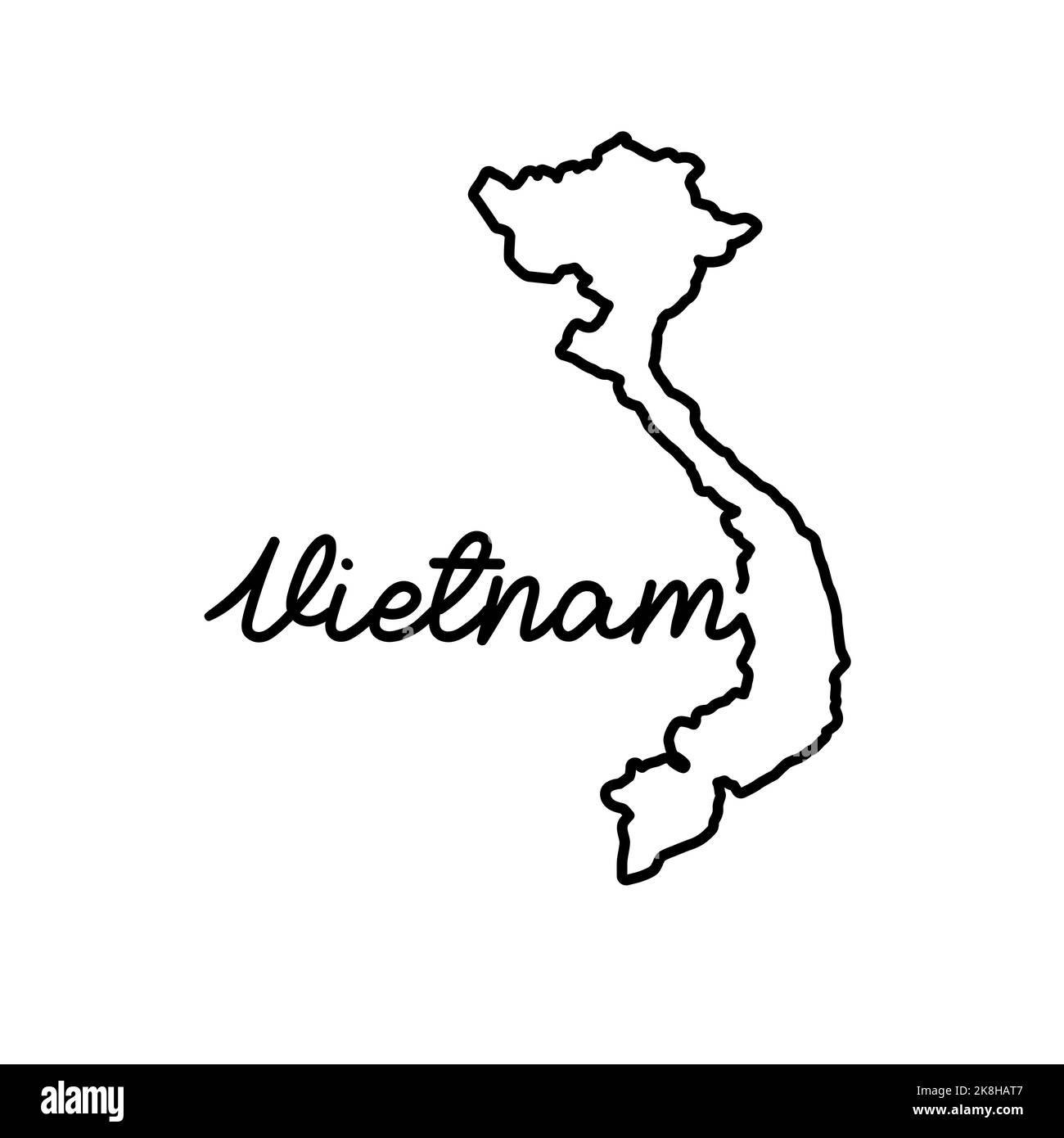 Carte du Vietnam avec le nom manuscrit du pays. Dessin de ligne continue de signe de maison patriotique. Un amour pour une petite patrie. Idée de l'imprimé t-shirt Banque D'Images