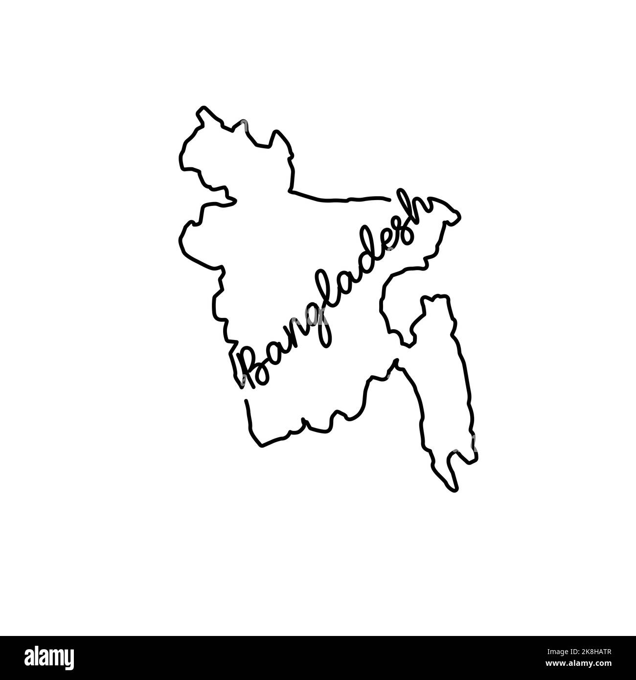 Carte du Bangladesh avec le nom manuscrit du pays. Dessin de ligne continue de signe de maison patriotique. Un amour pour une petite patrie. Imprimé t-shirt i Banque D'Images