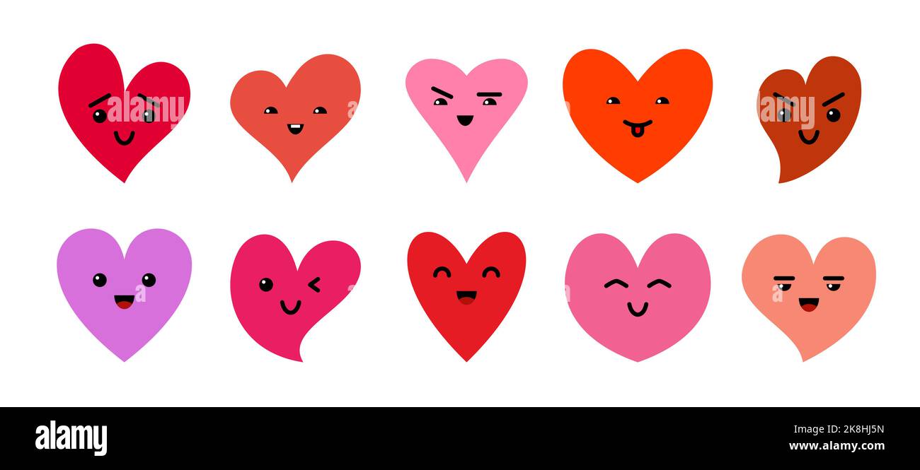 Jeu de personnages de dessin animé rouges coeurs. St Valentin visages emoji. Mignonne romantique joyeuse sourire heureux émoticônes gaies. Icônes d'avatar en forme de coeur plat avec différentes expressions du visage émotionnel drôle Illustration de Vecteur