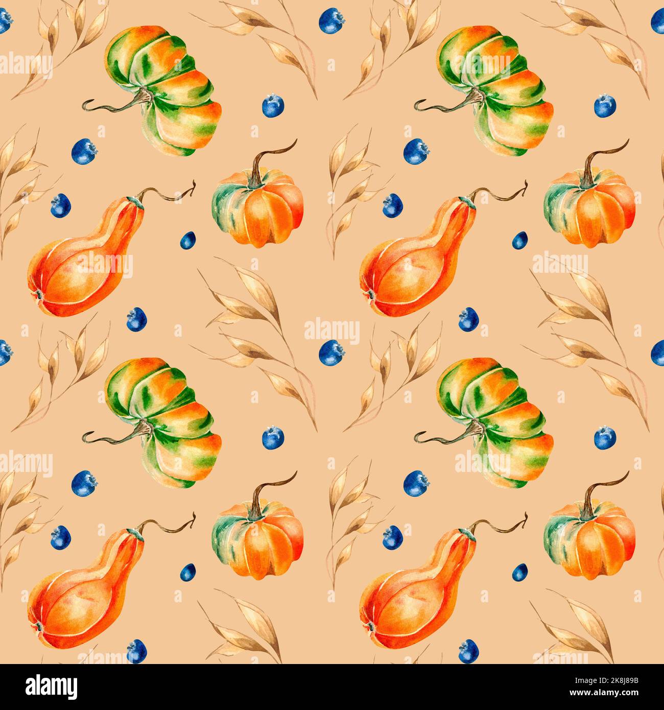 Citrouilles, épillet, bleuet aquarelle motif sans couture sur beige. Légumes d'automne colorés dessinés à la main. Design pour l'emballage, textile, arrière-plan, f Banque D'Images