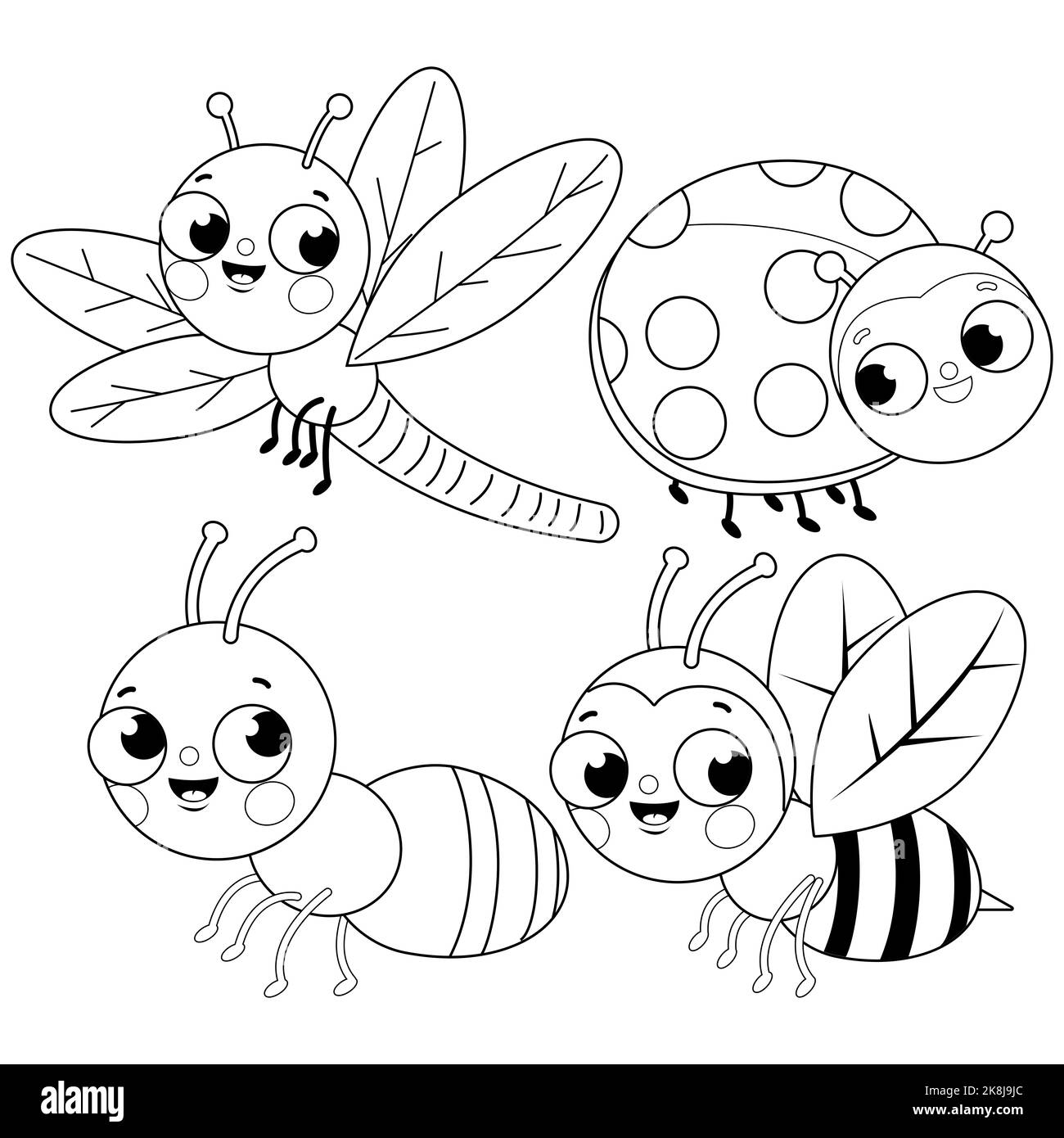 Ensemble de punaises mignons. Une libellule, une coccinelle, un fourmis et une abeille. Page de couleur noir et blanc Banque D'Images