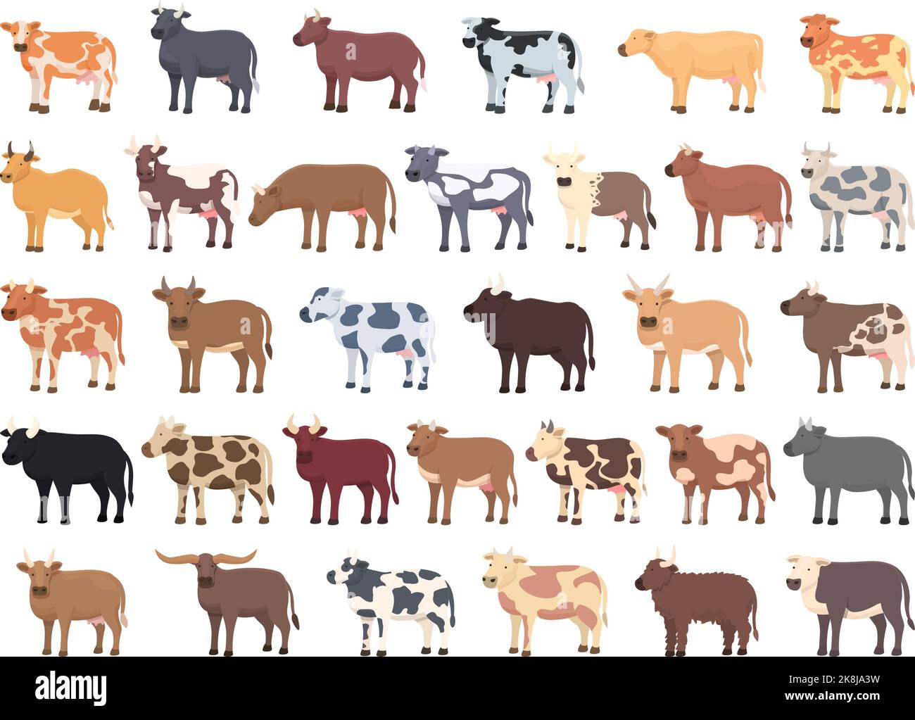 Les icônes des vaches reproductrices définissent un vecteur de dessin animé. Lait laitier. Mangez à la ferme Illustration de Vecteur