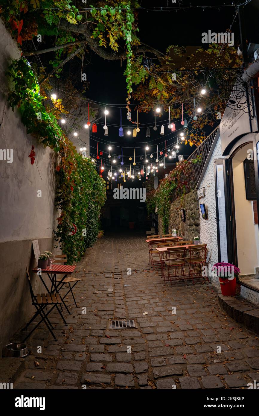 10.13.2022 -Szentendre, Hongrie : magnifique paysage urbain coloré de Szentendre avec le restaurant Aranysarkany et les lumières de la rue Banque D'Images
