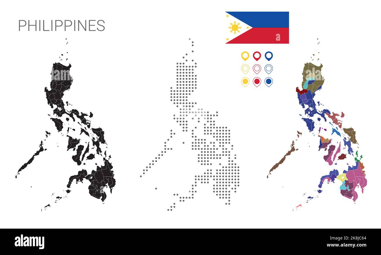 Carte des Philippines parsemée de la silhouette de la région, avec drapeau et broche en couleur, illustration vectorielle évolutive. Illustration de Vecteur