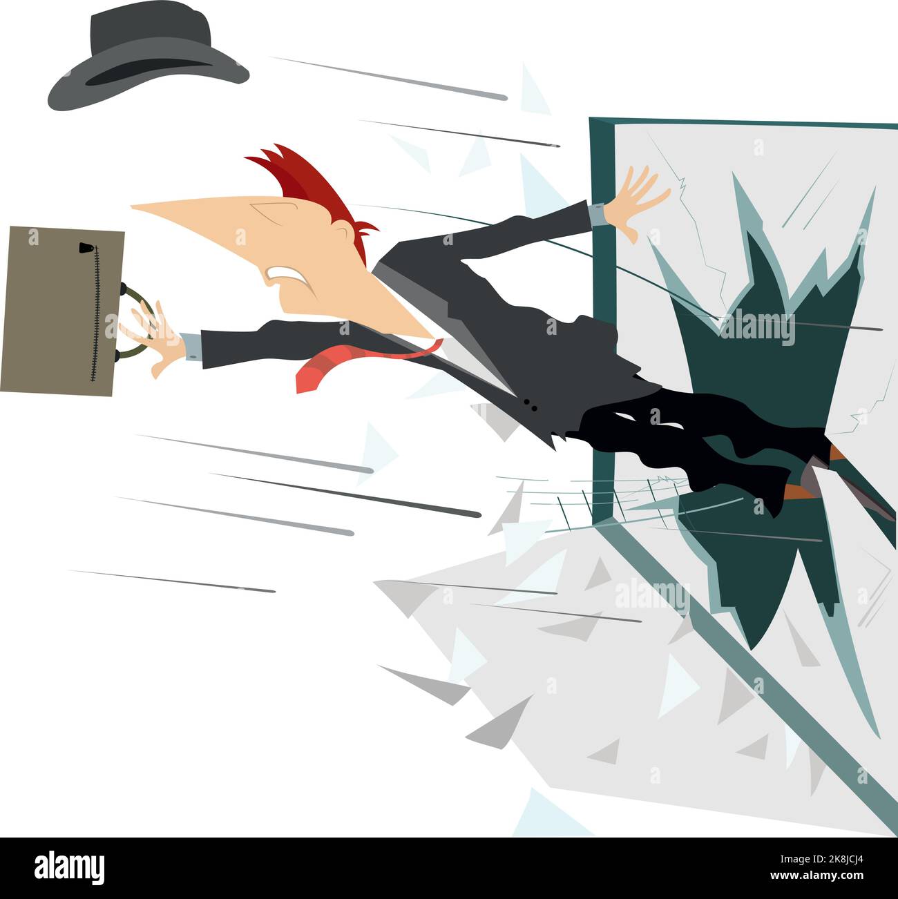 L'homme vole l'illustration de la fenêtre cassée. Homme avec chapeau et sac vole hors de la fenêtre cassée isolée sur blanc Illustration de Vecteur