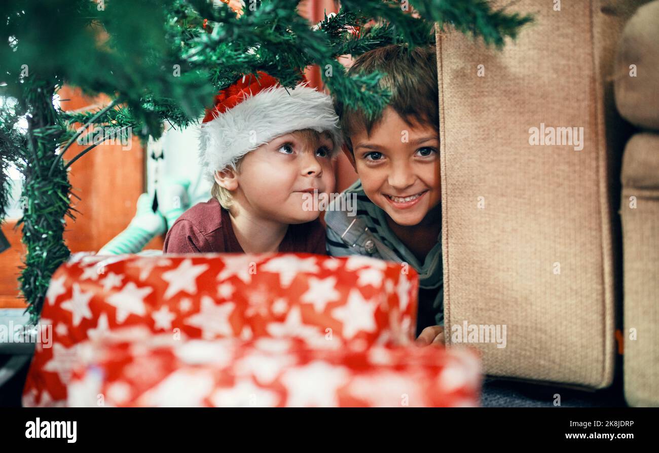 Pour comprendre Noël, voyez-le du point de vue des enfants. Portrait de deux adorables frères jouant sous l'arbre de Noël à la maison. Banque D'Images