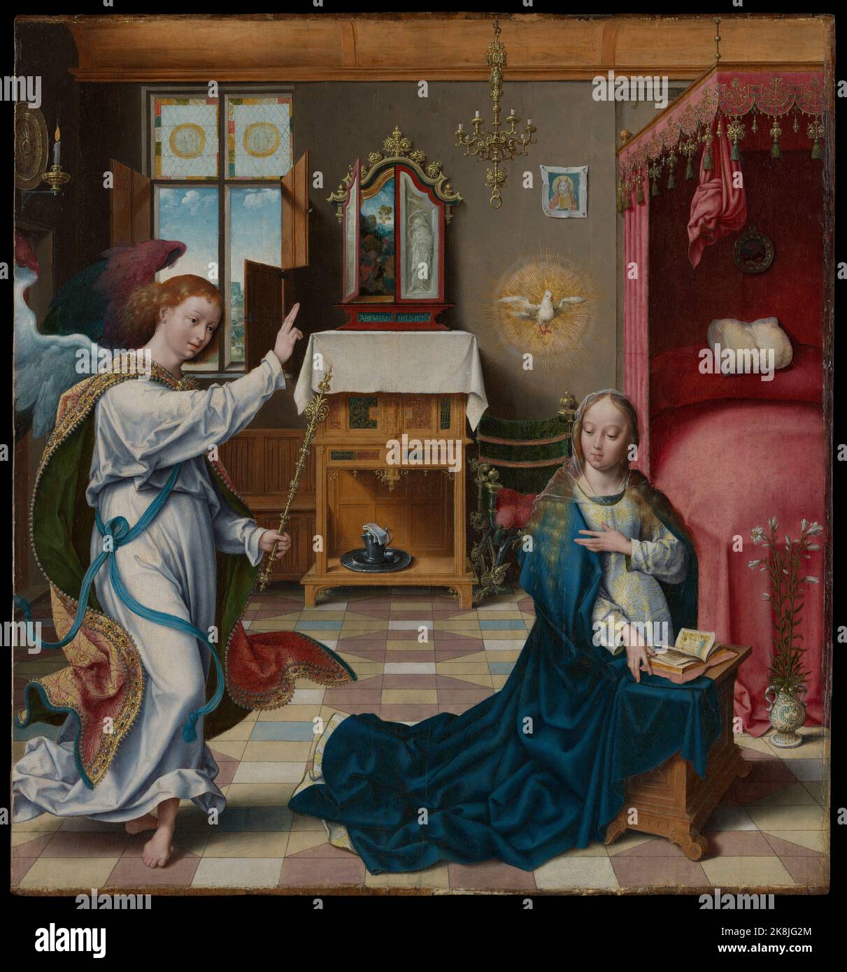 Joos van Cleve (Netherlandish, Cleve ca. 1485–1540/41 Anvers) - l'Annonciation - huile sur bois. Banque D'Images