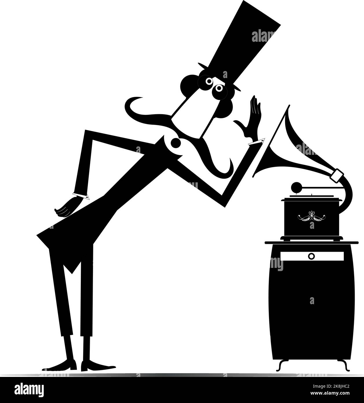 Illustration d'un lecteur de disques MAN et rétro. Drôle de moustache homme dans le chapeau est à l'écoute de la musique de vintage record joueur isolé sur blanc Illustration de Vecteur