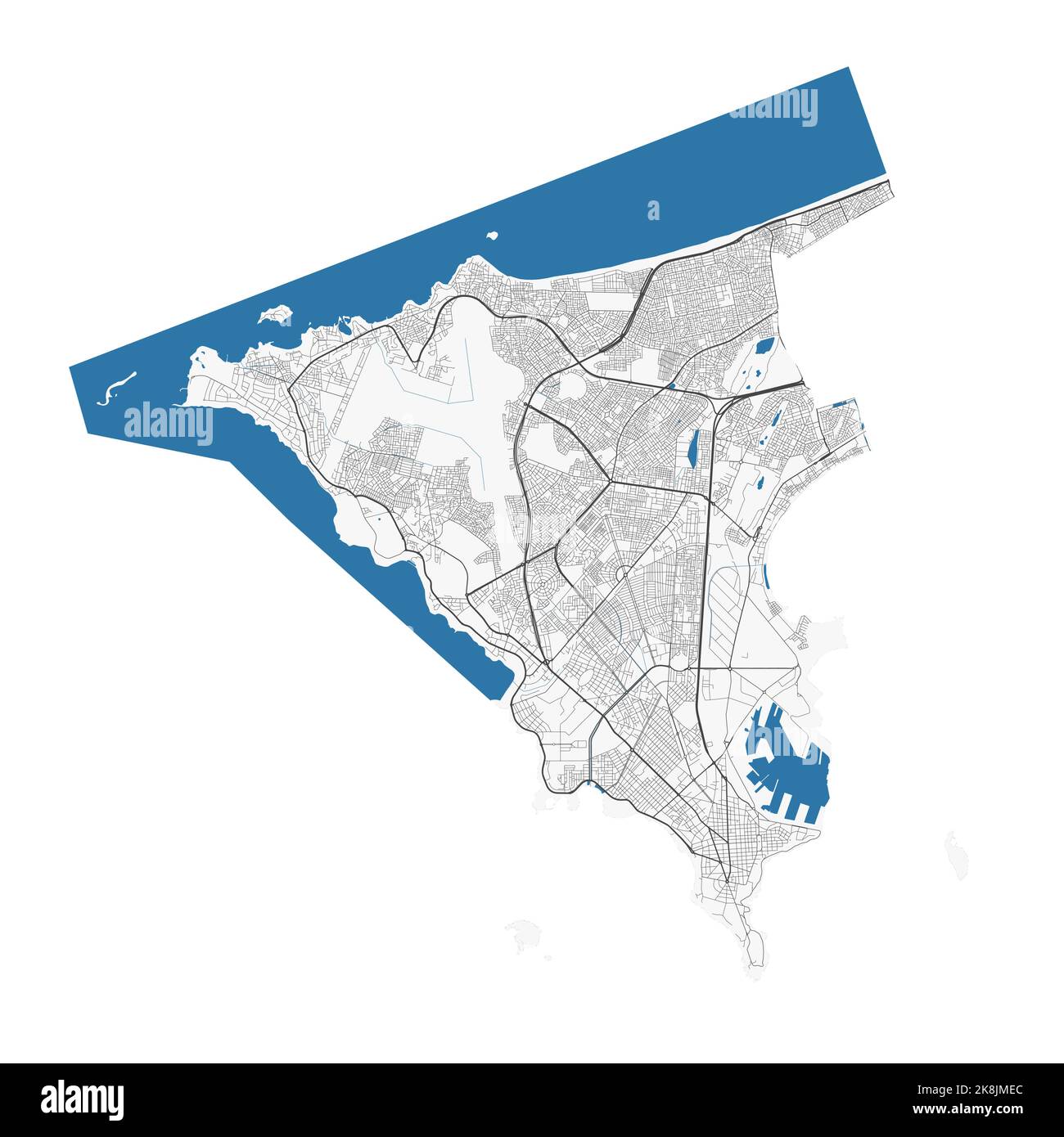 Carte de Dakar. Carte détaillée du quartier administratif de Dakar. Panorama urbain. Illustration vectorielle libre de droits. Carte routière avec autoroutes, rivières. Illustration de Vecteur
