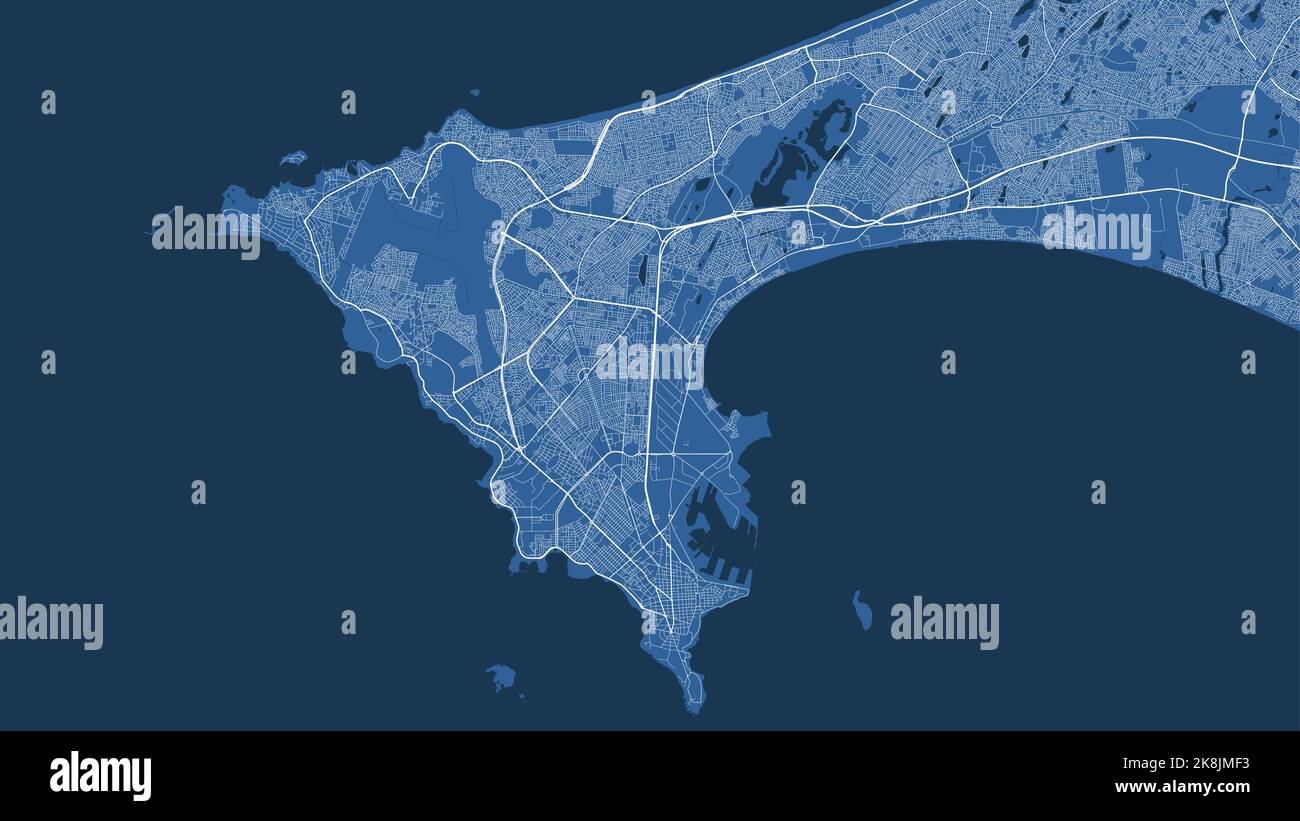 Affiche carte détaillée du quartier administratif de la ville de Dakar. Panorama bleu. Carte touristique graphique décorative du territoire de Dakar. Vecteur libre de droits i Illustration de Vecteur