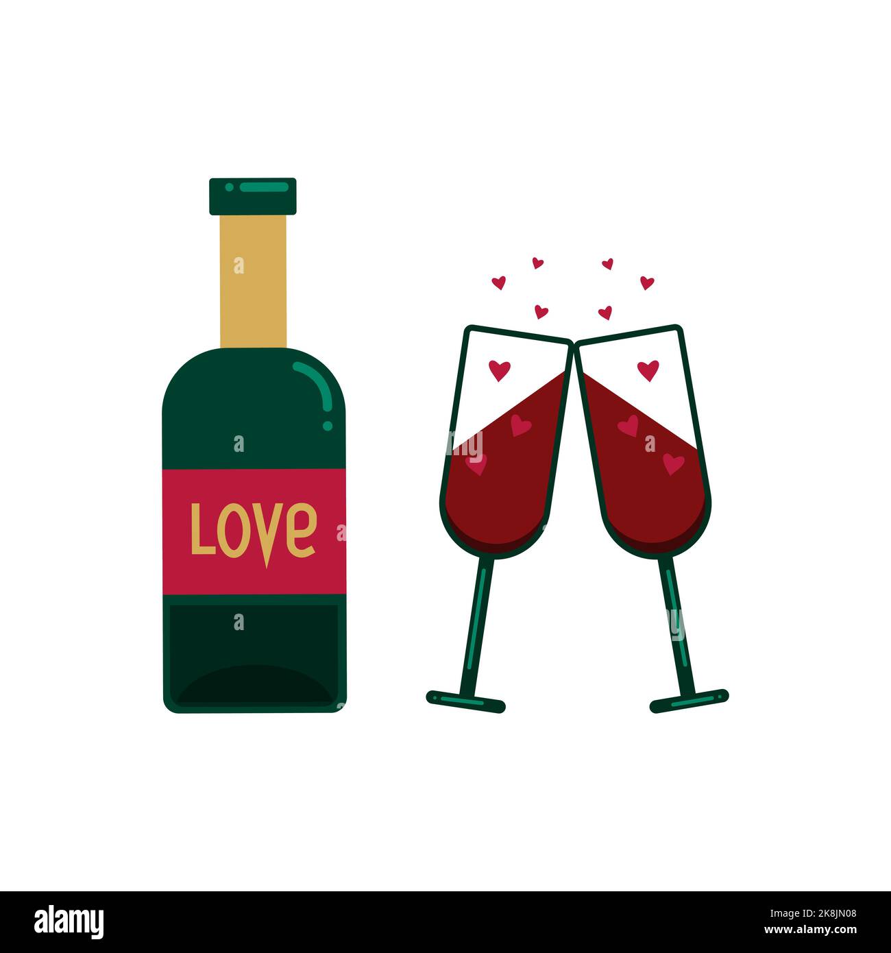Bouteille de vin rouge, deux verres et coeurs roses. Illustration vectorielle isolée de style plat Illustration de Vecteur