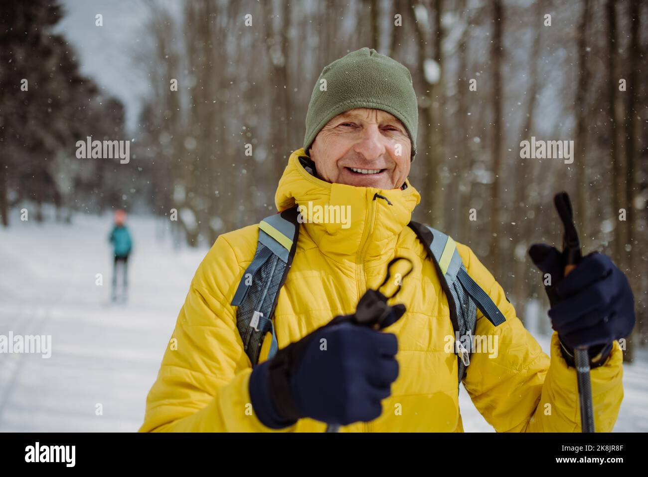 Homme senior admirant la nature pendant le ski de fond en forêt. Banque D'Images