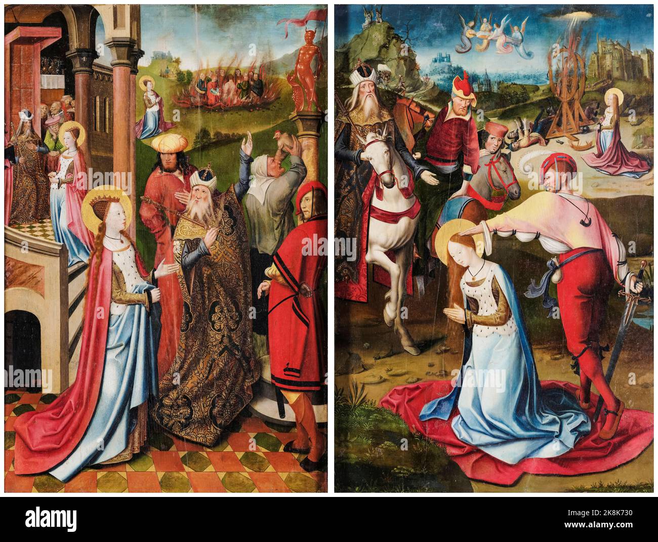 Sainte Catherine nie l'idolâtrie et la décapitation de Sainte Catherine, peinture du 16th siècle par le Maître de la crucifixion de Munich (Pierre des Mares?) Banque D'Images