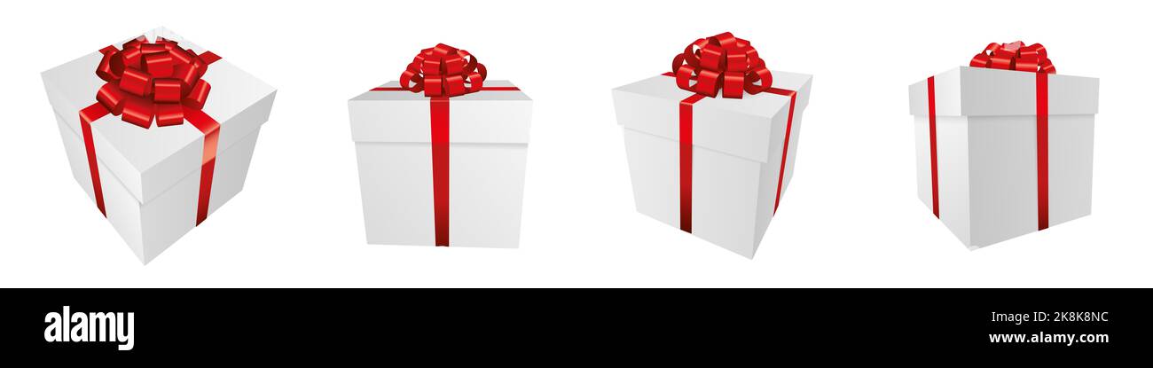 Ensemble de boîtes-cadeaux blanches ornées d'un noeud rouge - motif cadeau de Noël et d'anniversaire Banque D'Images