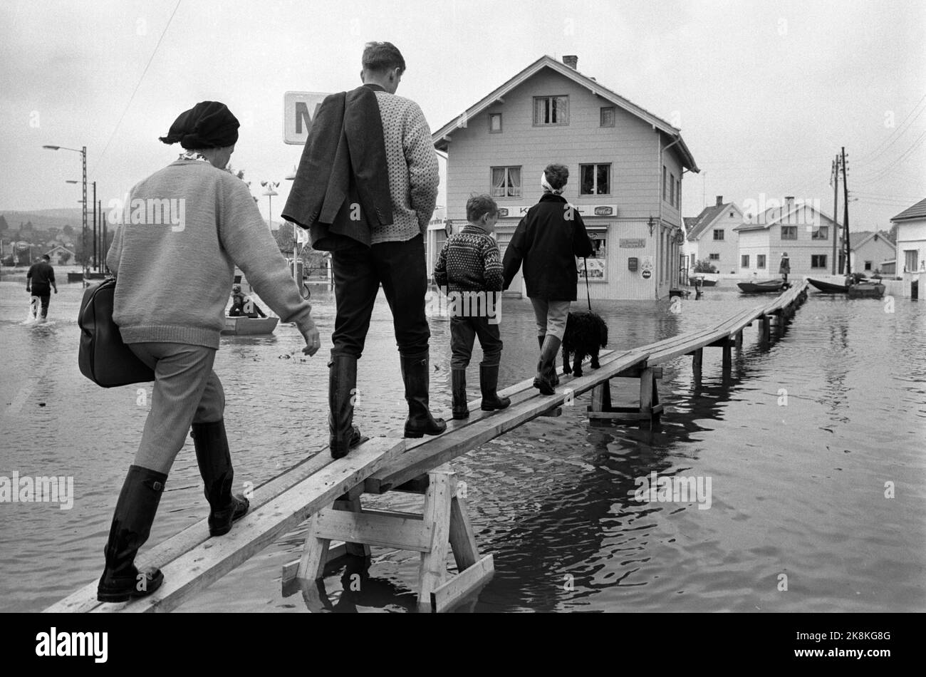 Lillestrøm 19670603 inondation mettre de grandes parties de Lillestrøm sous l'eau. Plus de 15 000 personnes ont été blessées après l'inondation. Ici, les gens se présentent le mieux possible sur les trottoirs provisoires construits au-dessus de la surface de l'eau. Un groupe de personnes, y compris un qui achienne le chien sur les planches étroites en bois. Photo: Sverre A. Børretzen / actuel / NTB Banque D'Images