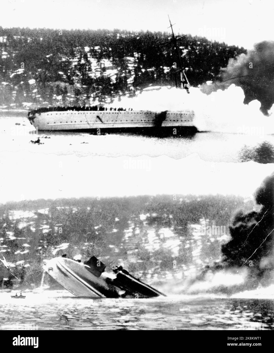 Drøbaksundet 19400409. Invasion d'attaque allemande 9 avril 1940. Le croiseur allemand 'Blücher' dans le Drøbaksundet. Le navire de guerre est abattu et abaissé par les canons à Oscarsborg. Photo: The War Archive / NTB WW2 - Norvège. L'invasion commence, le navire de guerre Blücher 'est coulé. (Deux motifs) SPBEKEIL Banque D'Images