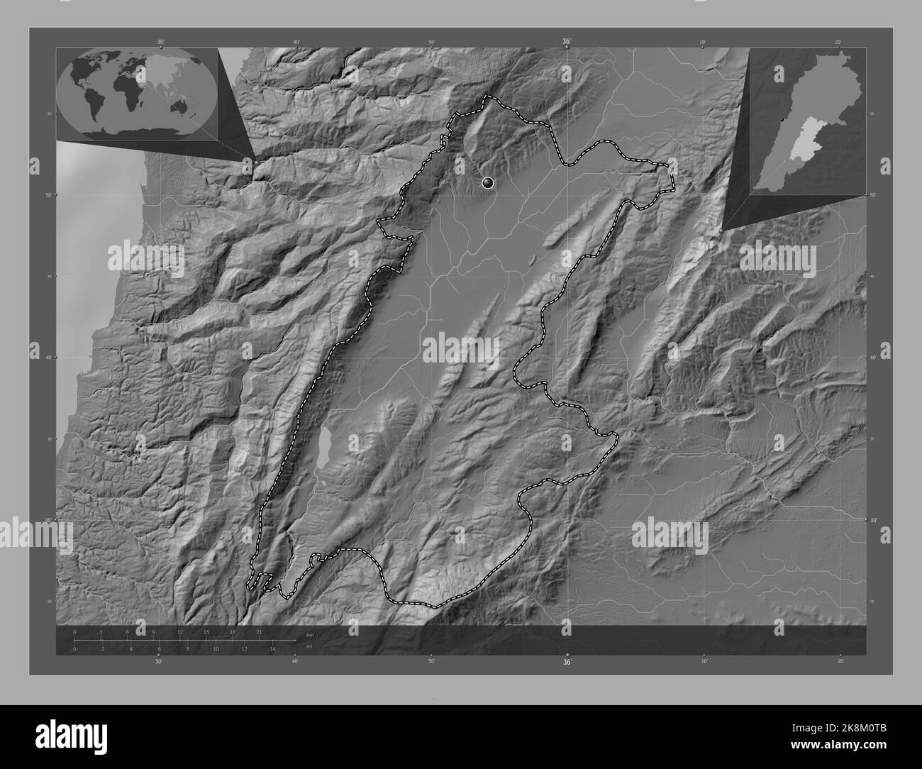 Beqaa, gouvernorat du Liban. Carte d'altitude à deux niveaux avec lacs et rivières. Cartes d'emplacement auxiliaire d'angle Banque D'Images