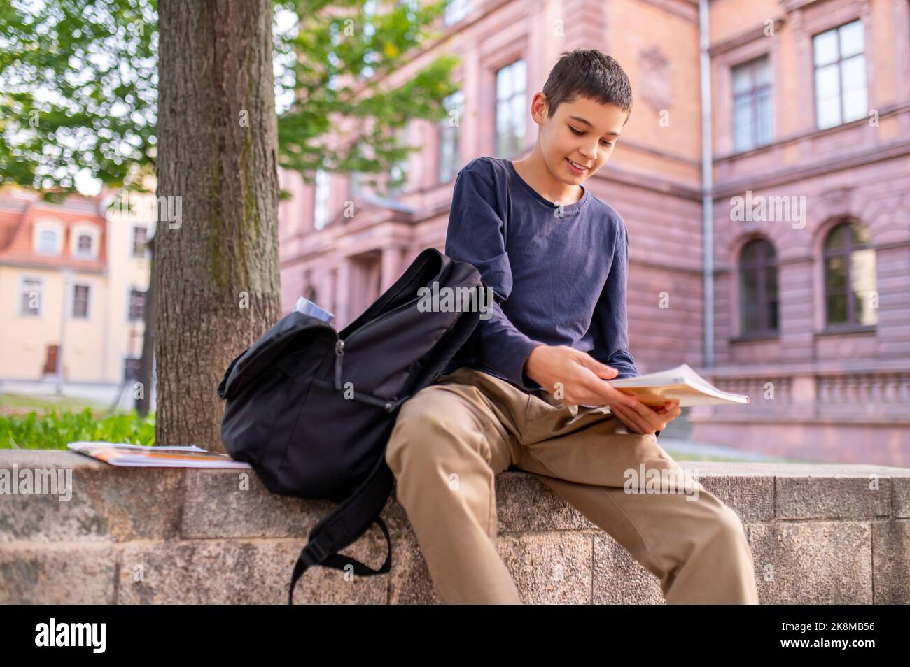 Un adolescent satisfait a lu un titre sur la couverture du livre Banque D'Images