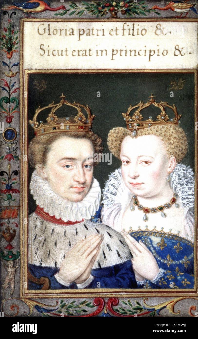 Jean Clouet, François Clouet et son atelier Portraits d'Henri II d'Albret, roi de Navarre, et de Marguerite de Valois (1492-1549), unis en 1527 Livre d'heures de Catherine de Médicis, folio 168 verso Ouvrare commé vers 1530 pour François 1er et terminé Catherine de Médicis vers 1572 pour Paris, Bibliothèque nationale de France Banque D'Images