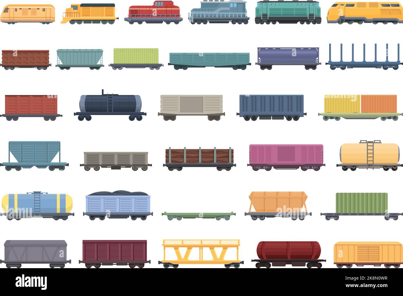 Train fret chariots icônes définir le vecteur de dessin animé. Locomotive diesel. Chargement latéral Illustration de Vecteur
