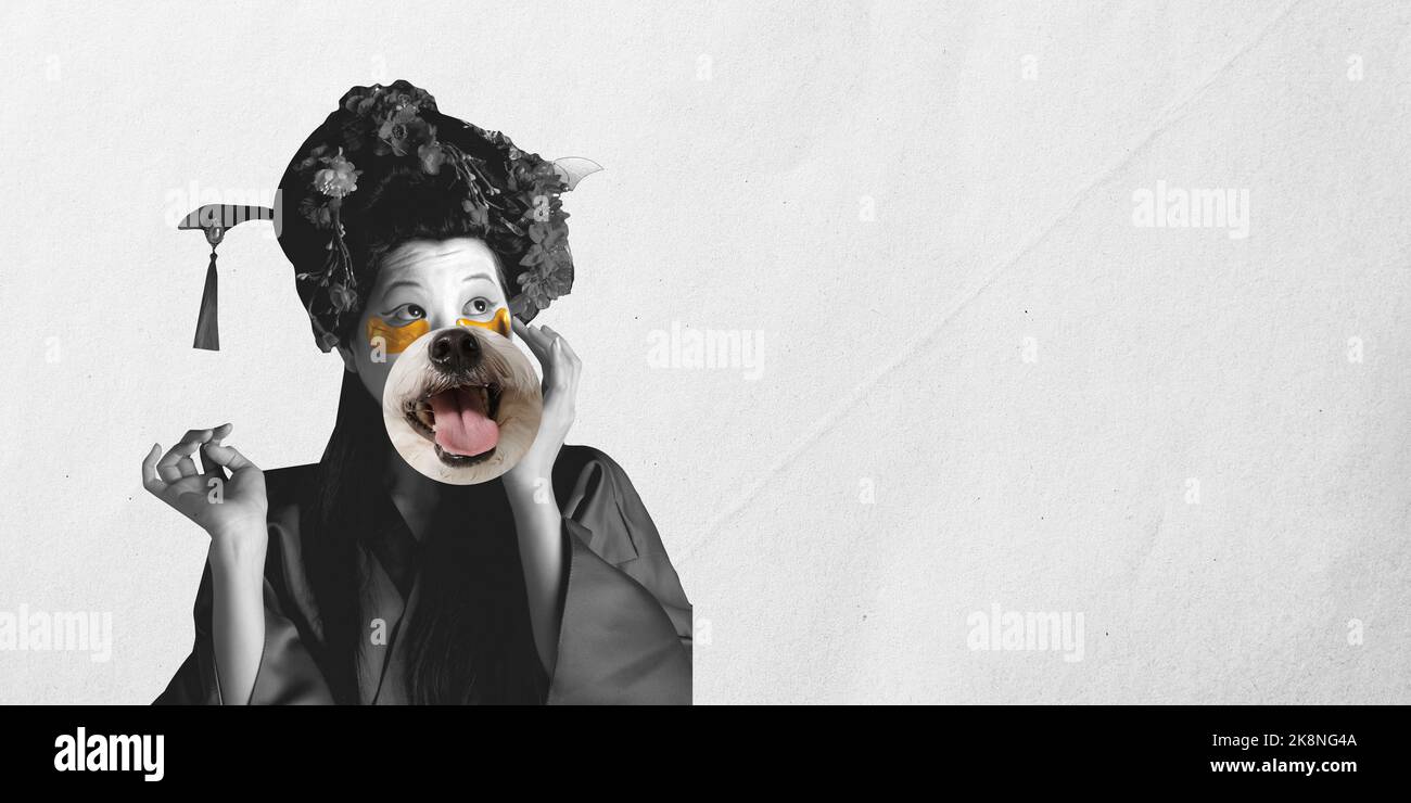 Spa. Collage surréaliste avec portrait de la jeune femme asiatique en robe japaness avec une partie du visage du chien au lieu du visage. Émotions, expressions faciales, art Banque D'Images