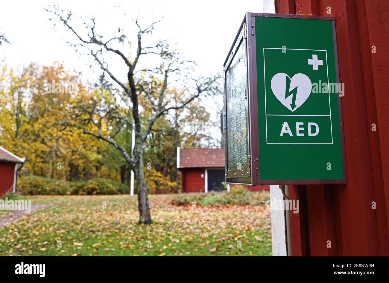 Un défibrillateur automatisé externe dans un parc. Un défibrillateur automatisé externe (DAE) est un appareil électronique portable qui diagnostique automatiquement les arythmies cardiaques potentiellement mortelles de fibrillation ventriculaire (FV) et de tachycardie ventriculaire sans pouls. Banque D'Images