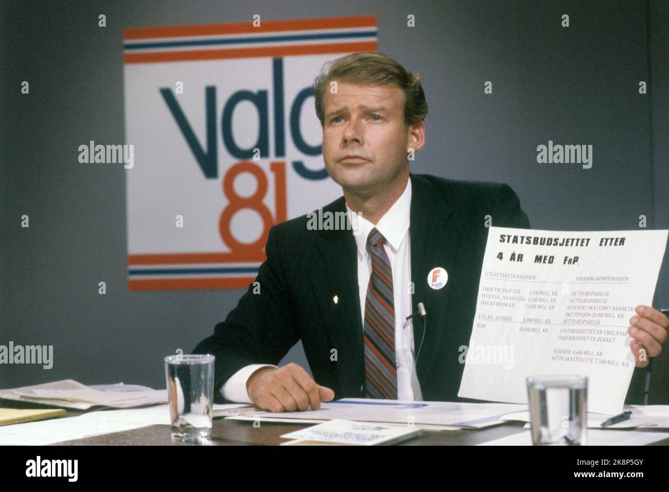 Oslo 198109: Carl I. Hagen (Parti du progrès) photographié pendant la nuit électorale du NRK pendant les élections législatives de septembre 1981. Photo: NTB / NTB Banque D'Images