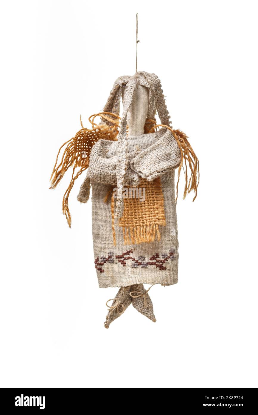 Poupée traditionnelle de style ukrainien en toile de sackCloth faite à la main avec ornement. Banque D'Images