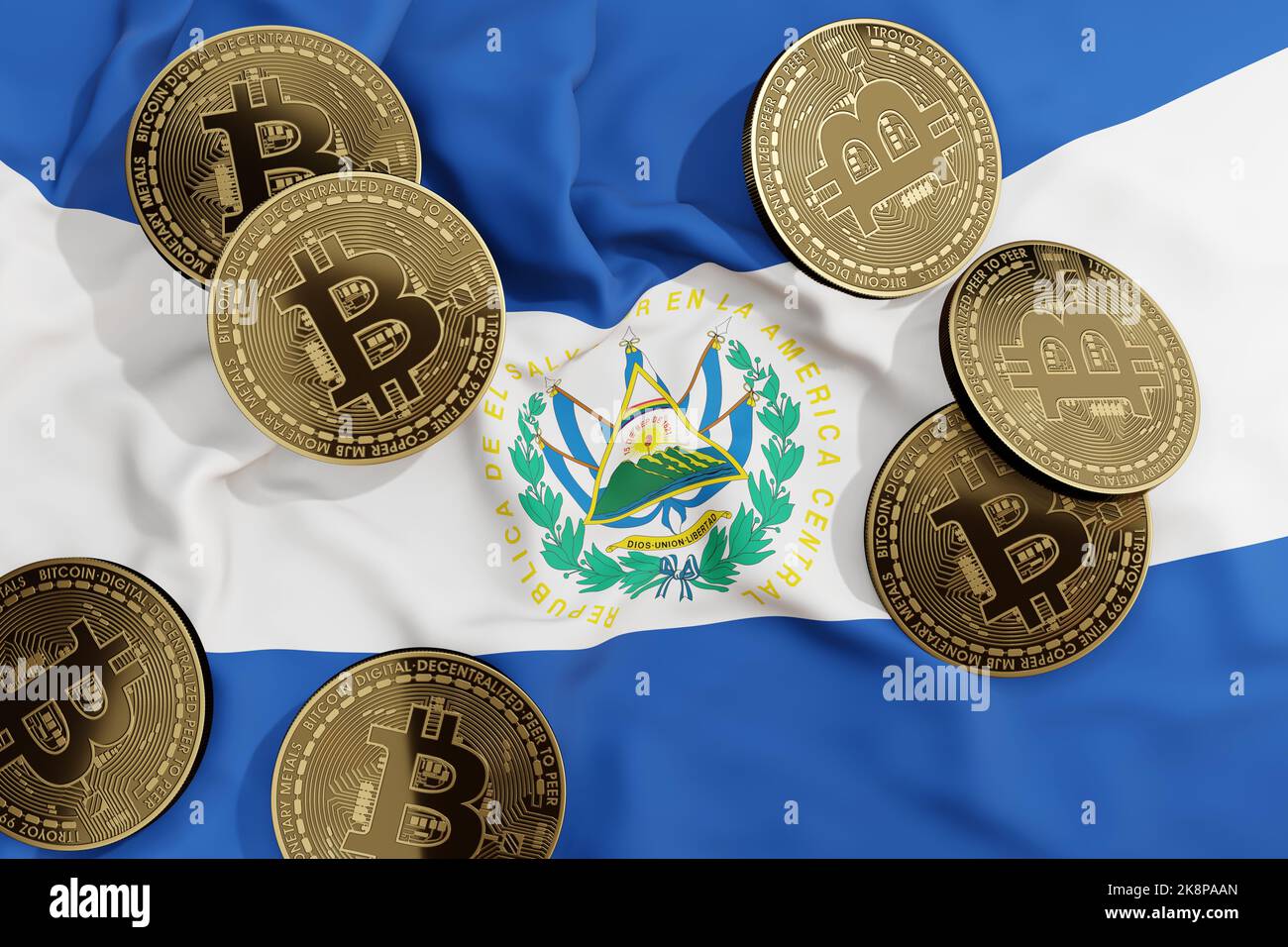 Bitcoins d'or sur le drapeau national d'El Salvador. El Salvador est devenu le premier pays au monde à utiliser le Bitcoin comme monnaie légale et plaque tournante du bitcoin Banque D'Images