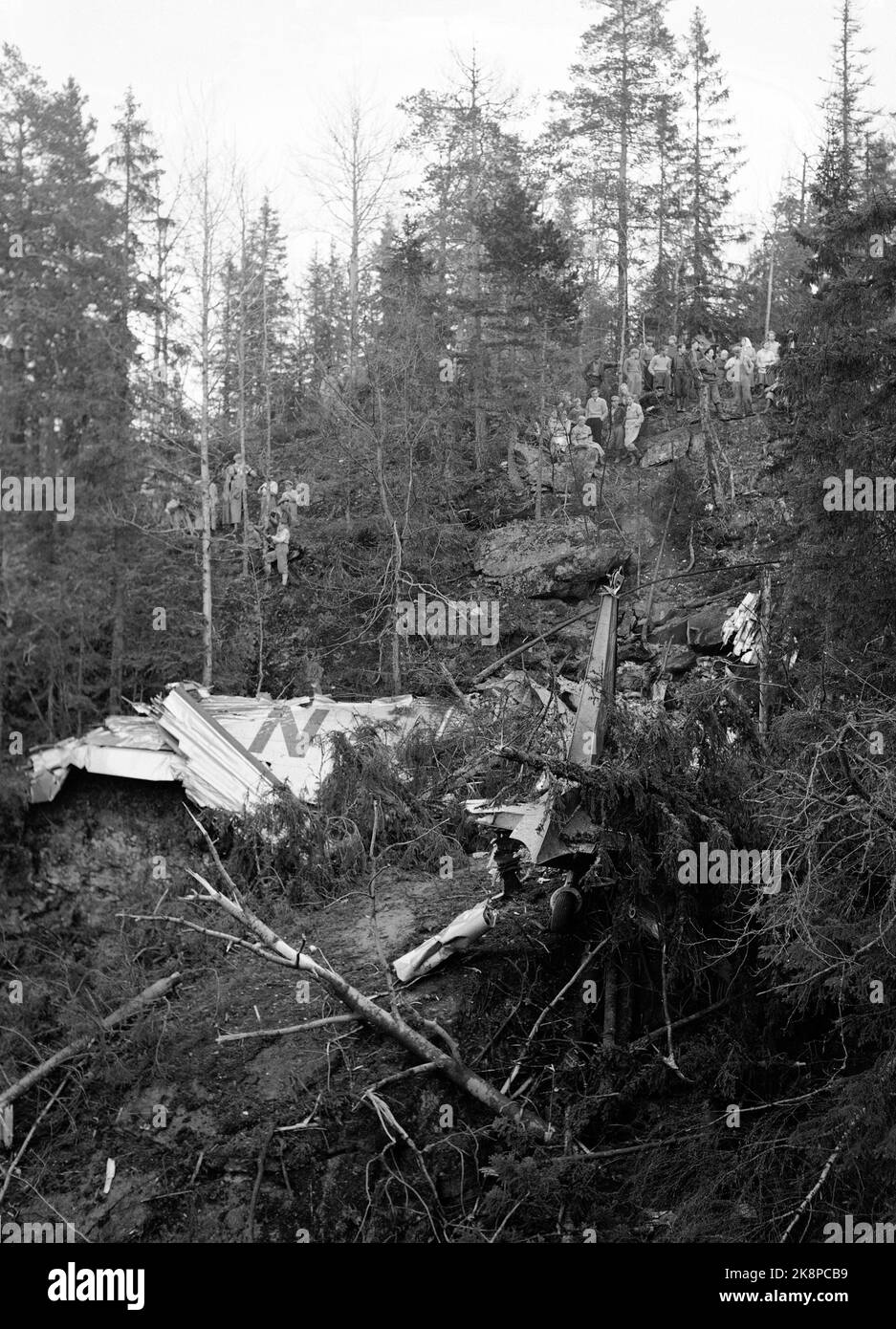 Drangedal 19520505 11 personnes sont mortes lorsqu'un des appareils Dakota de Fred Olsen avec 25 baleiniers s'est écrasé à Drangedal sur leur chemin de retour d'Amsterdam. L'inspection de l'aviation a estimé que les troubles atmosphériques dus à un essai nucléaire aux États-Unis pourraient être la cause de l'accident d'avion. Ici partie de l'avion dans la forêt à Drangedal. Photo: NTB / NTB Banque D'Images