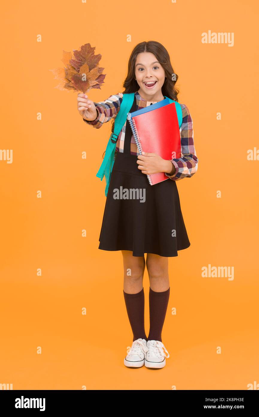 Leçon nature. Un petit enfant heureux tient des feuilles d'automne pour la leçon de biologie. Petite fille souriant avec des livres de leçons et du feuillage jaune. La leçon peut être Banque D'Images