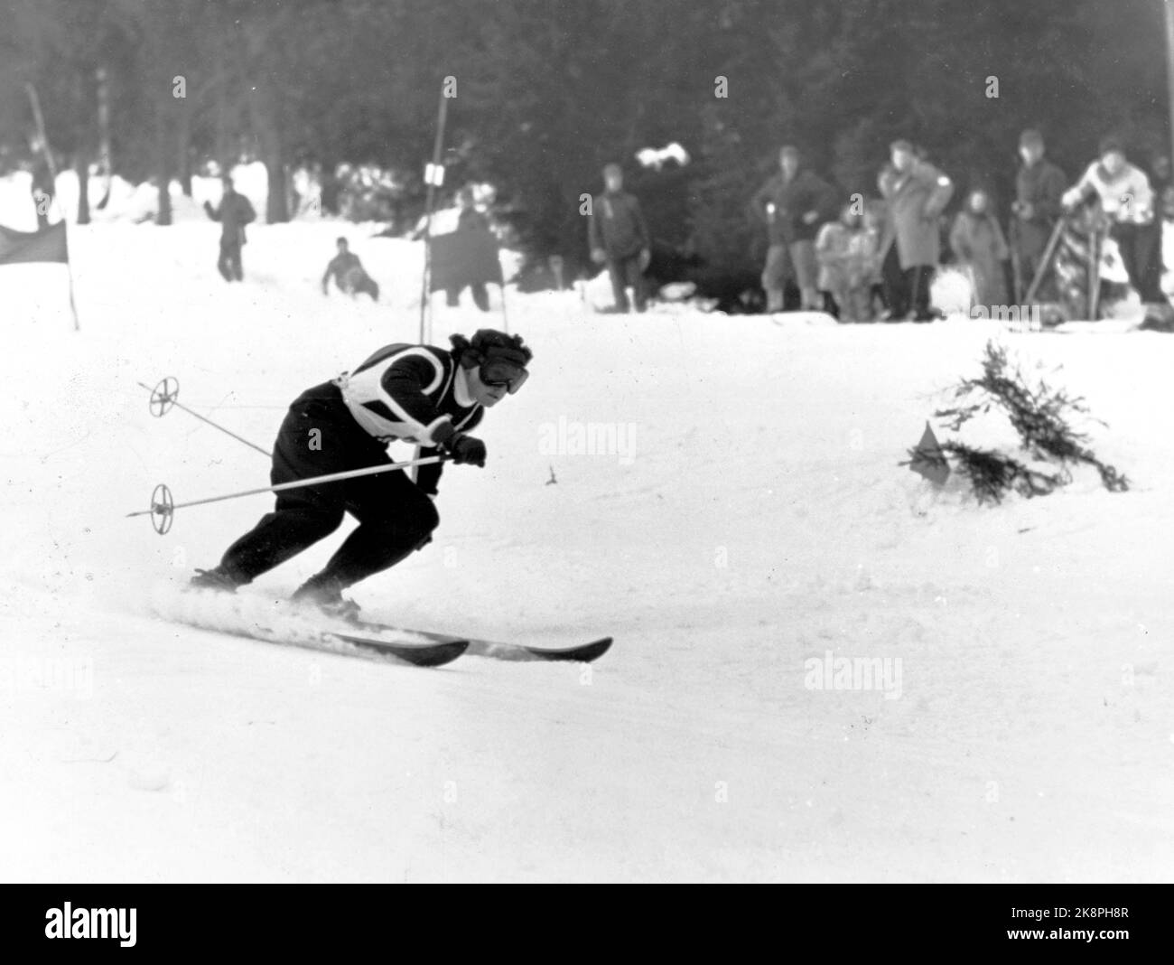 Jeux olympiques d'hiver 1952, Oslo. Stork slalom, femmes, sur Norefjell. Annemarie Buchner, Allemagne, a fait un pas en bronze. Les spectateurs sont sur la piste. Photo: Actuel / NTB Banque D'Images
