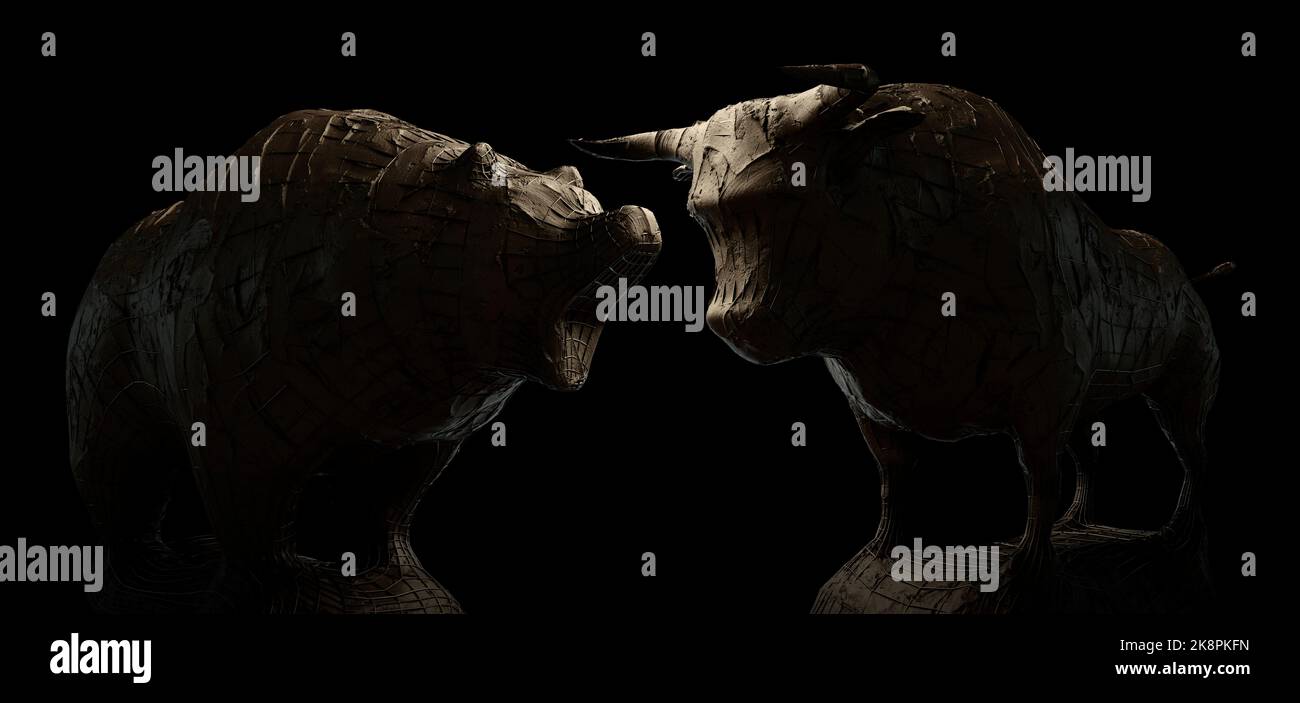 Deux sculptures en argile rugueuse et en fer renforcé représentant un taureau opposé à un ours dans une lumière sombre et dramatique représentant les tendances opposées du marché financier - Banque D'Images