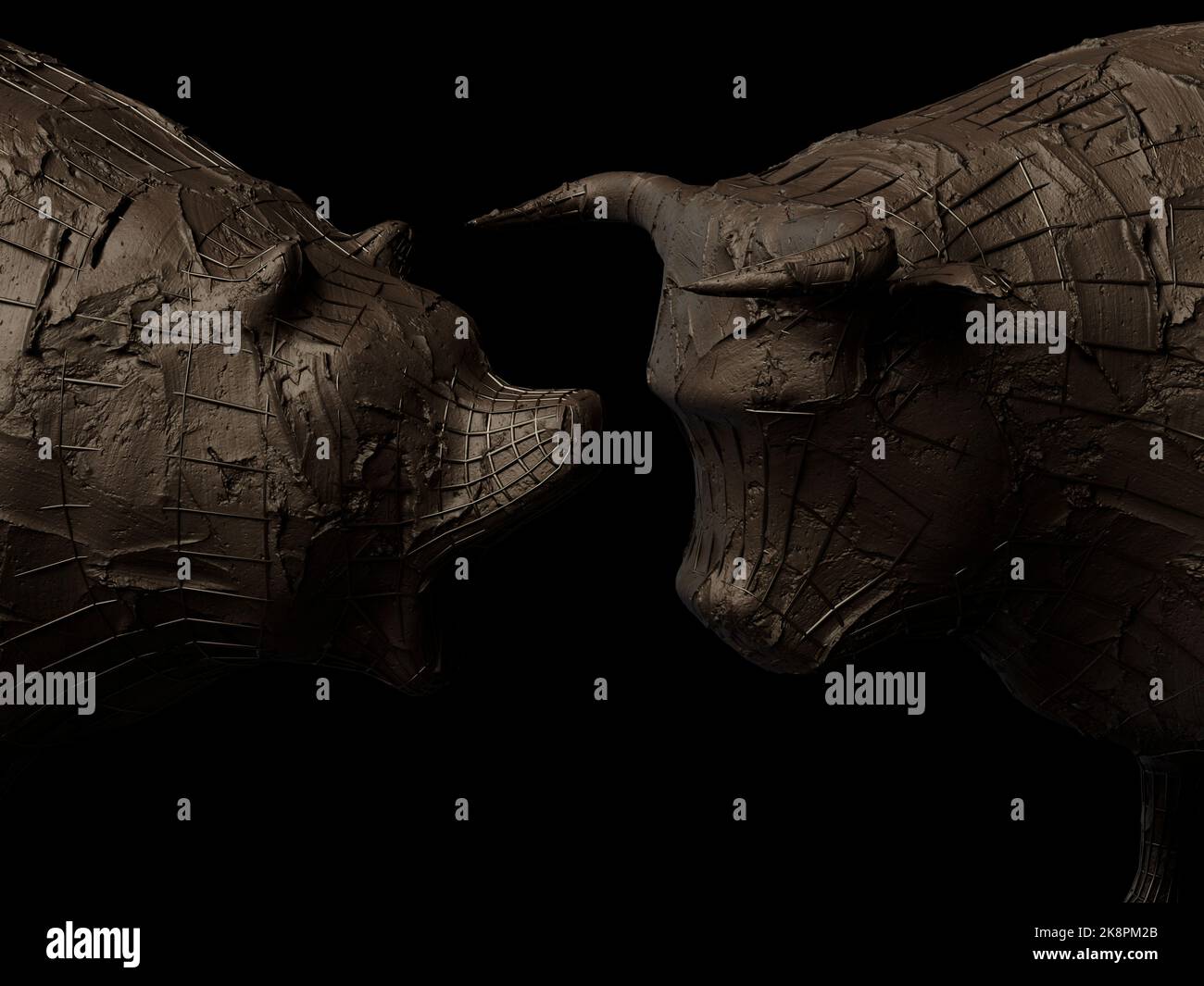 Deux sculptures en argile rugueuse et en fer renforcé représentant un taureau opposé à un ours dans une lumière sombre et dramatique représentant les tendances opposées du marché financier - Banque D'Images