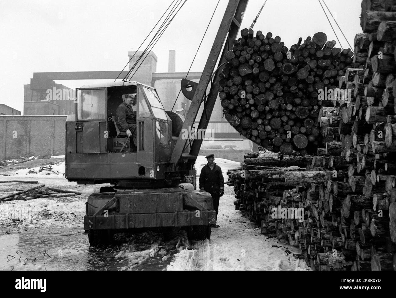Greåker février 1966 Greaker cellulose Factory à Greåker met fin à tous les employés car l'entreprise est sur le point de faillite. Henry Kristiansen en travaillant avec les journaux sur le site de stockage. Il est dans l'entreprise depuis 14-15 ans et a sa femme et ses deux enfants, mais aucun nouvel emploi en vue. La société a rouvert ses portes en octobre, après le refinancement. Photo: Actuel / NTB Banque D'Images Greåker février 1966 Greaker cellulose Factory à Greåker met fin à tous les employés car l'entreprise est sur le point de faillite. Henry Kristiansen en travaillant avec les journaux sur le site de stockage. Il est dans l'entreprise depuis 14-15 ans et a sa femme et ses deux enfants, mais aucun nouvel emploi en vue. La société a rouvert ses portes en octobre, après le refinancement. Photo: Actuel / NTB Banque D'Images