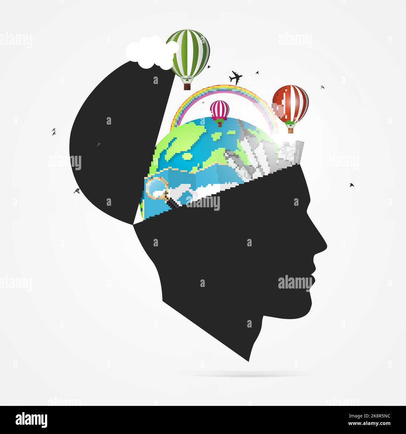 Esprit voyageur. Concept créatif à tête ouverte. Illustration vectorielle Illustration de Vecteur