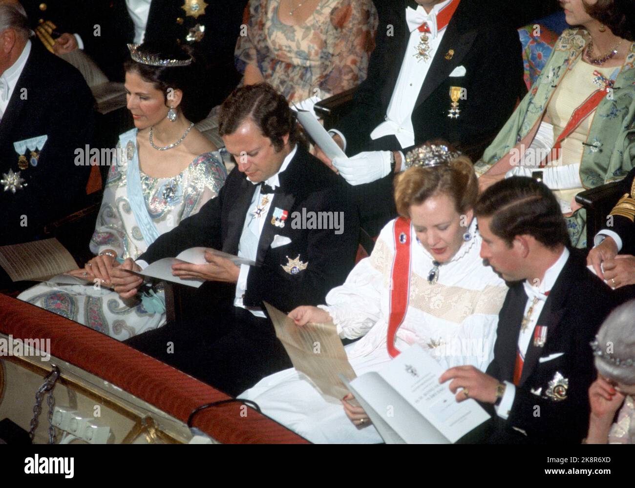 Oslo 19780701. Roi Olav 75 ans. Ici, de la représentation de la fête au Théâtre national pendant la célébration du roi Olav 75 ans. Par ex. La reine Silvia, le roi Carl Gustaf, la reine Margrethe du Danemark et le prince Charles du pays de Galles. Photo: Bjørn Sigurdsøn NTB / NTB Banque D'Images