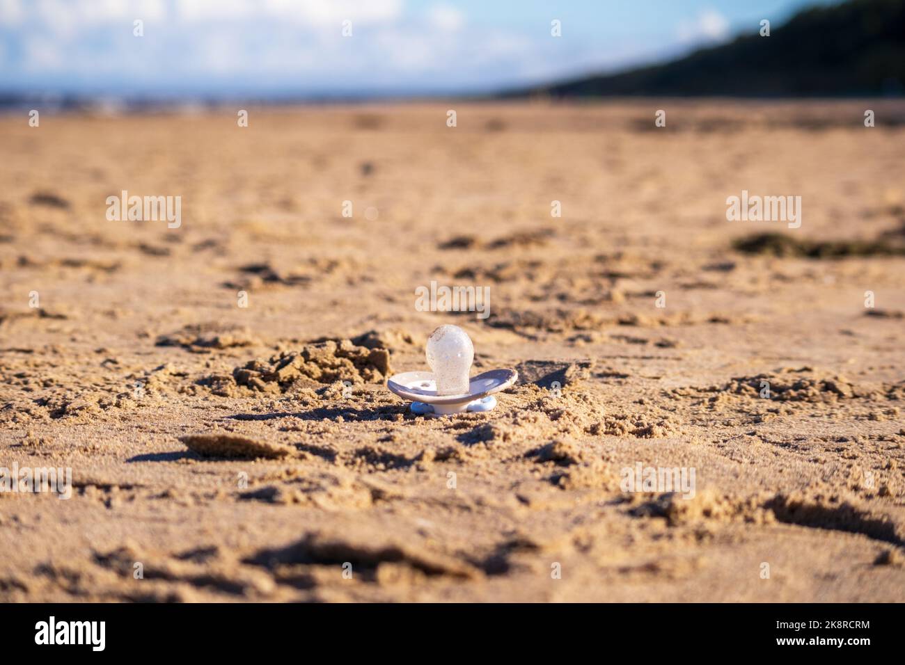 Un binky blanc qui se pose dans le sable avec un ciel bleu à côté de la mer Banque D'Images